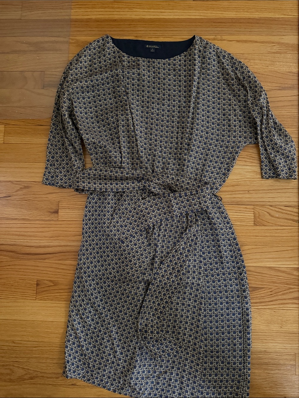 Brooks Brothers Navy and Cream Silk Printed Long-Sleeve Belted Dress